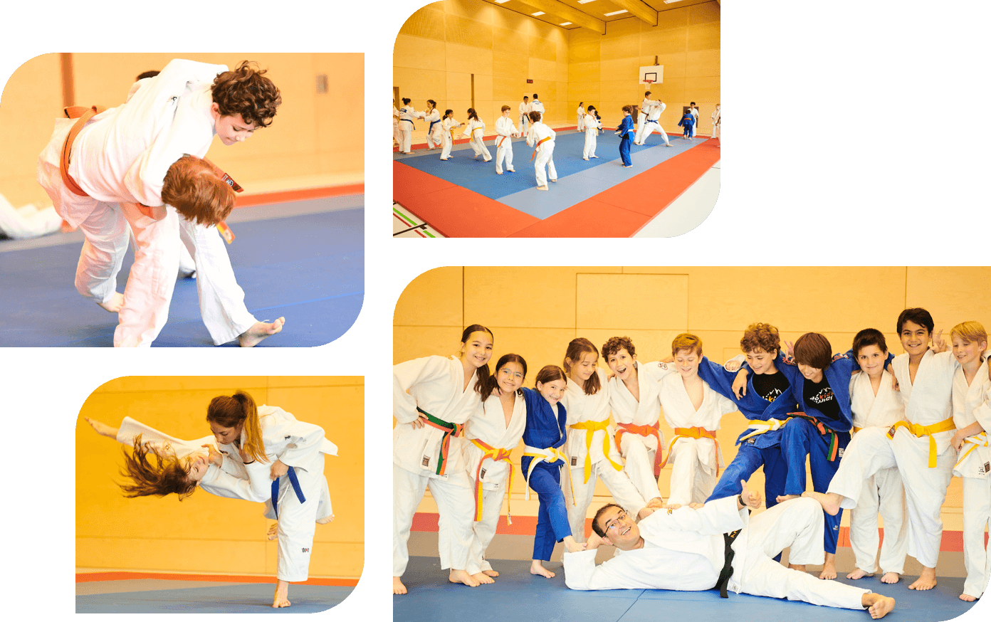Collage aus vier Trainingsfotos: ein Junge setzt zu einem Wurf an, ein Mädchen wirft ihre Partnerin durch die Luft, Kinder trainieren in einer großen Turnhalle, und eine fröhliche Gruppe Judokids posiert hinter ihrem Trainer, der vor ihnen auf der Matte liegt.
